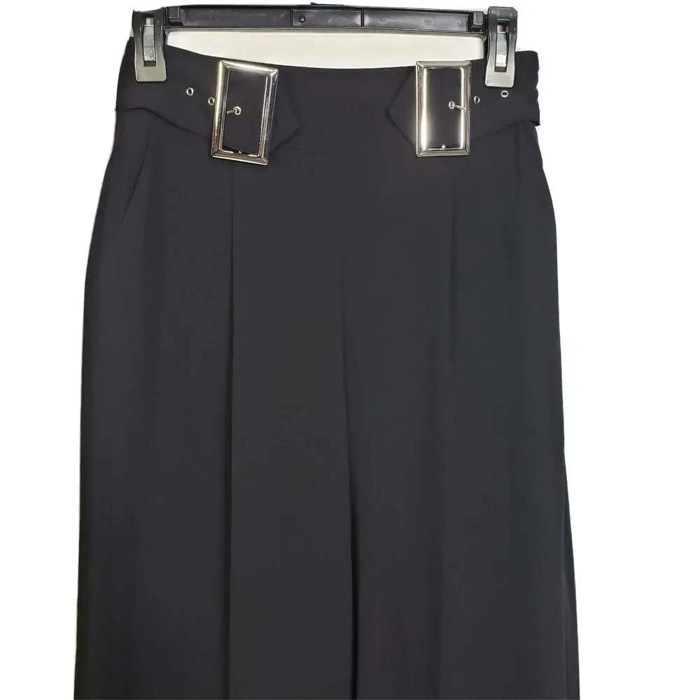 Jennifer Lopez Womens Pants Size 2 Black Cropped Dress Buckles Wide Leg Pockets